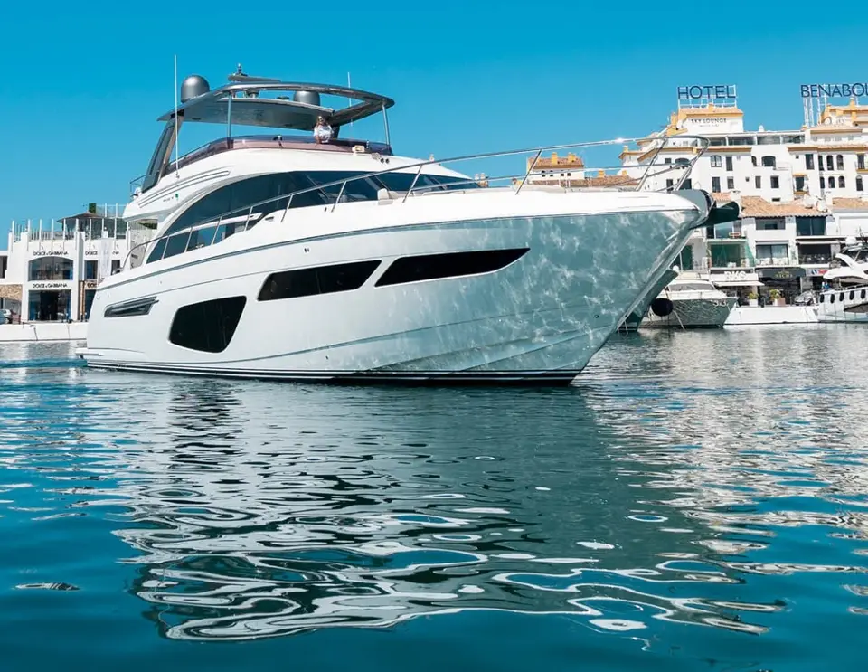Bow of Princess F70 Amante docked in the marina