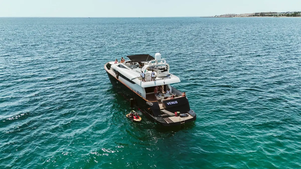 Aerial view of Venus from astern with a jet ski at the platform