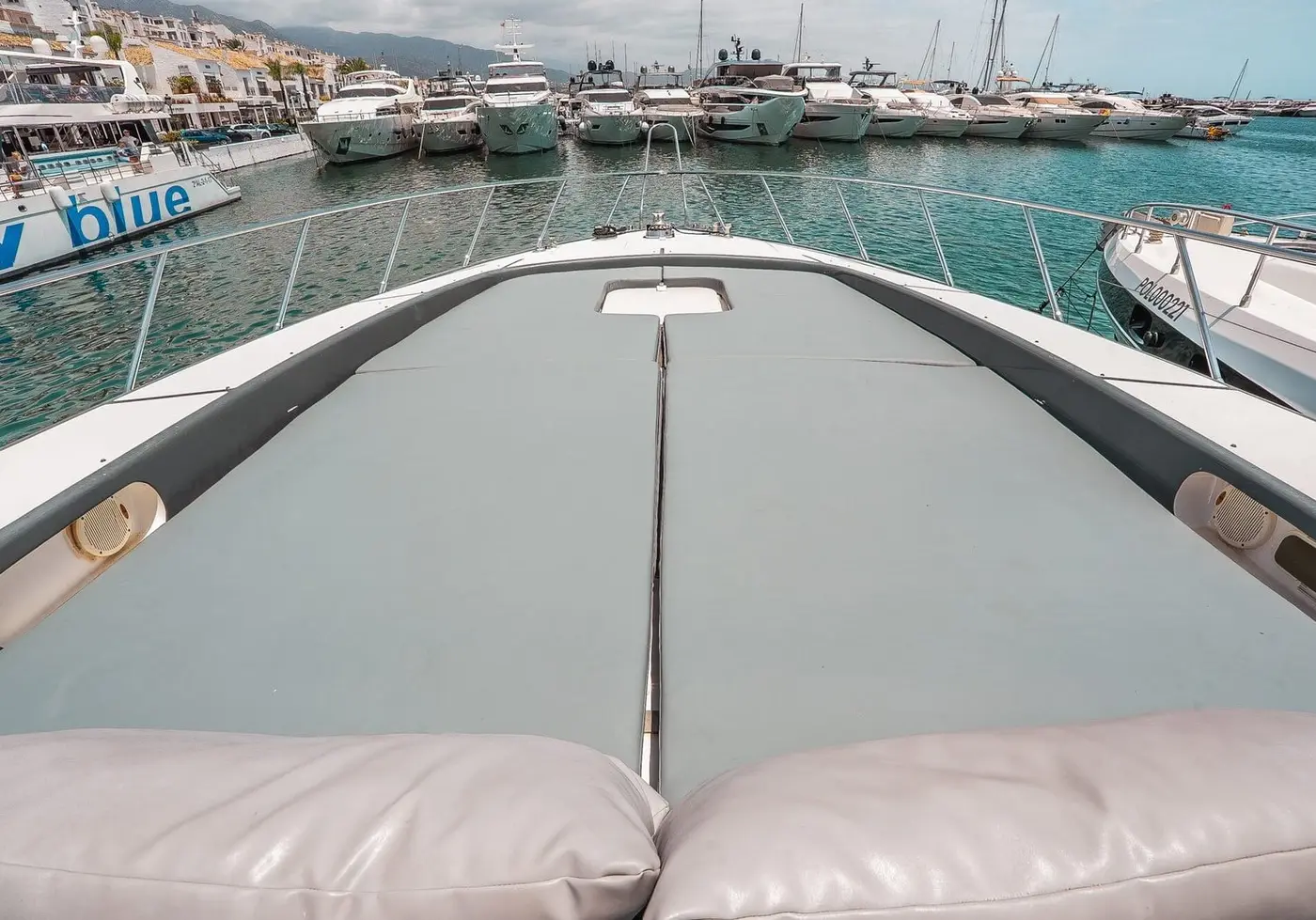 Sun pads on the bow of Mangusta 80 Happy Hour