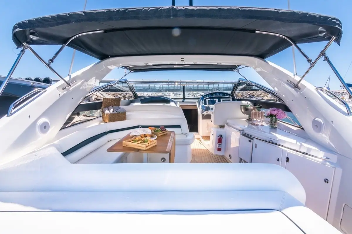 Open cockpit with sun pads under the bimini on Vibe