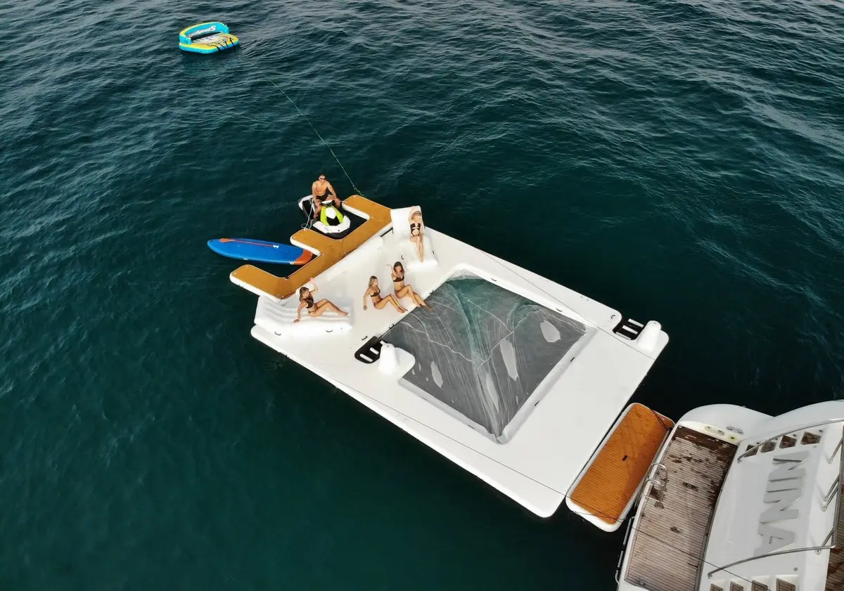 Inflatable pool deployed off the stern of Nina