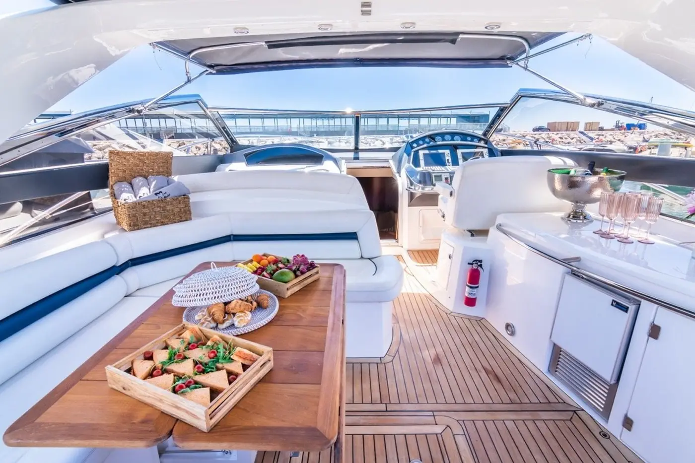 Cockpit dining table and bar on Sunseeker Predator 55 Vibe