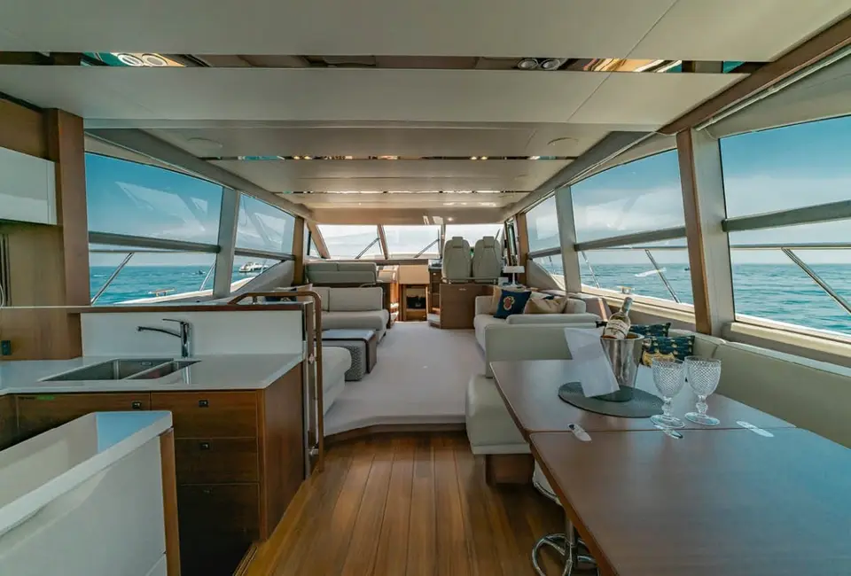 Salon and aft galley on board Princess F70 Amante