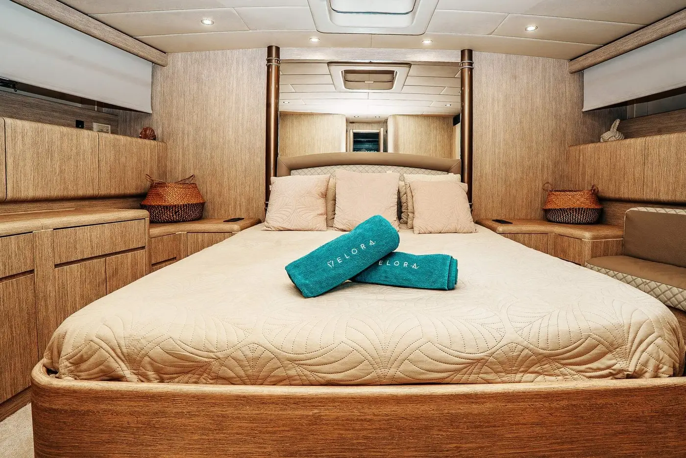 Master cabin with a double bed on Happy Hour