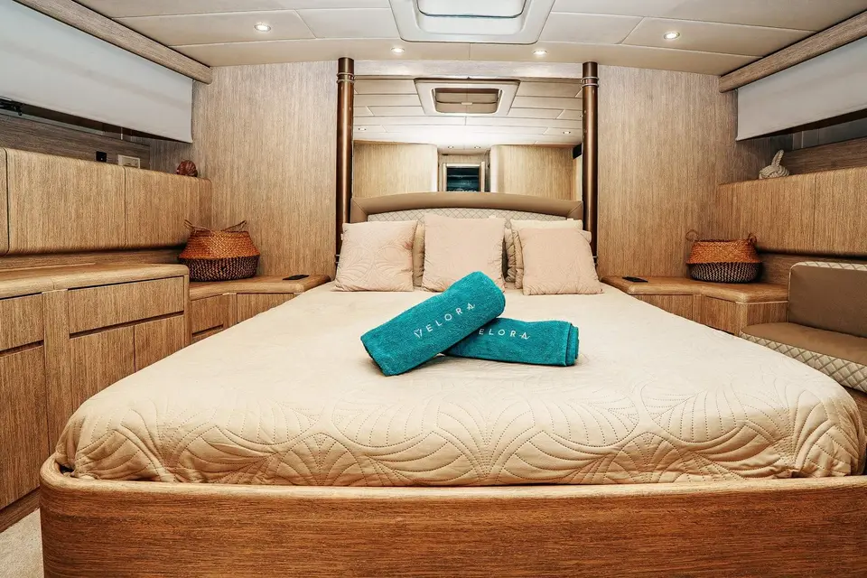 Master cabin with a double bed on Happy Hour