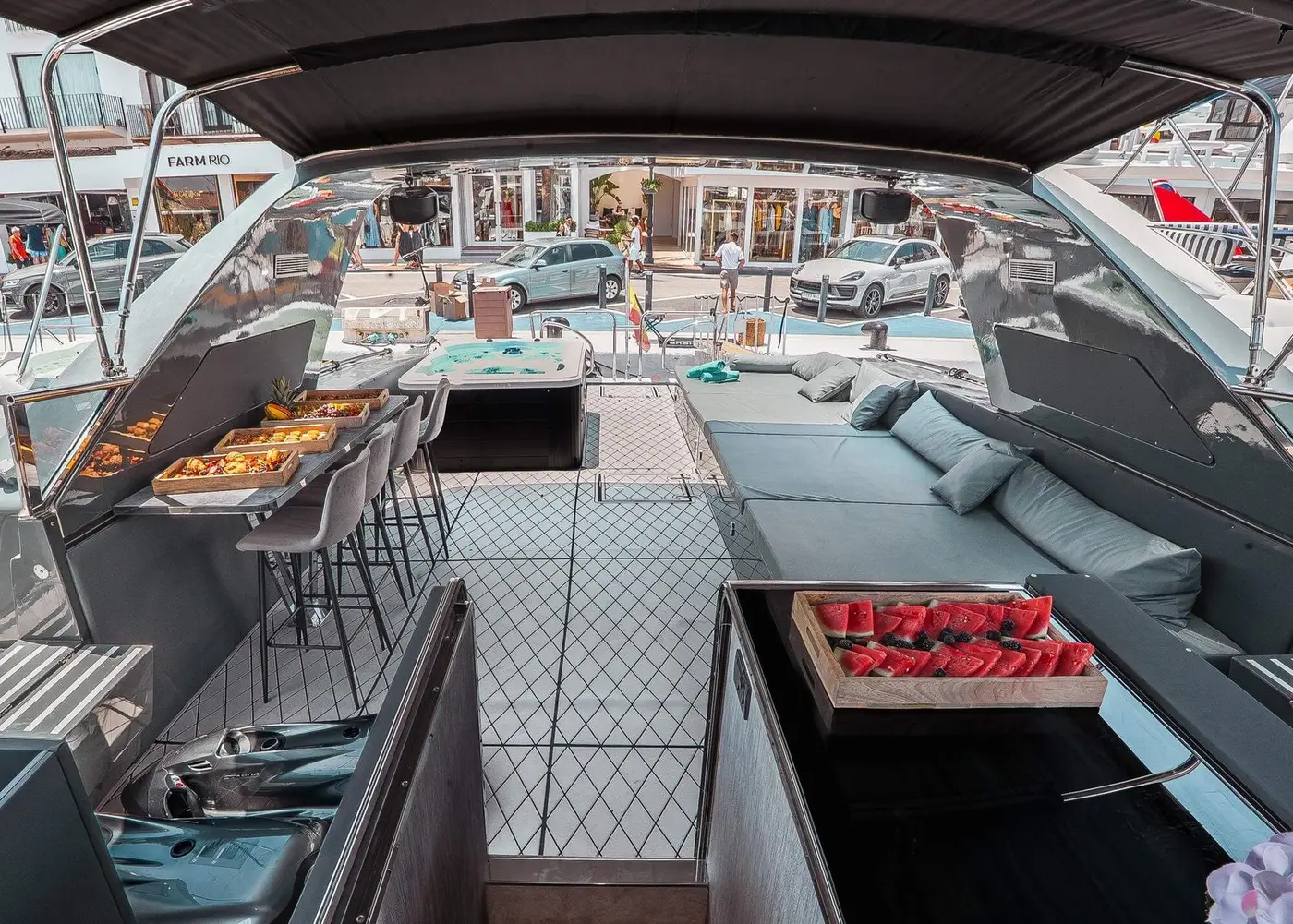 Aft deck of Mangusta 80 Happy Hour
