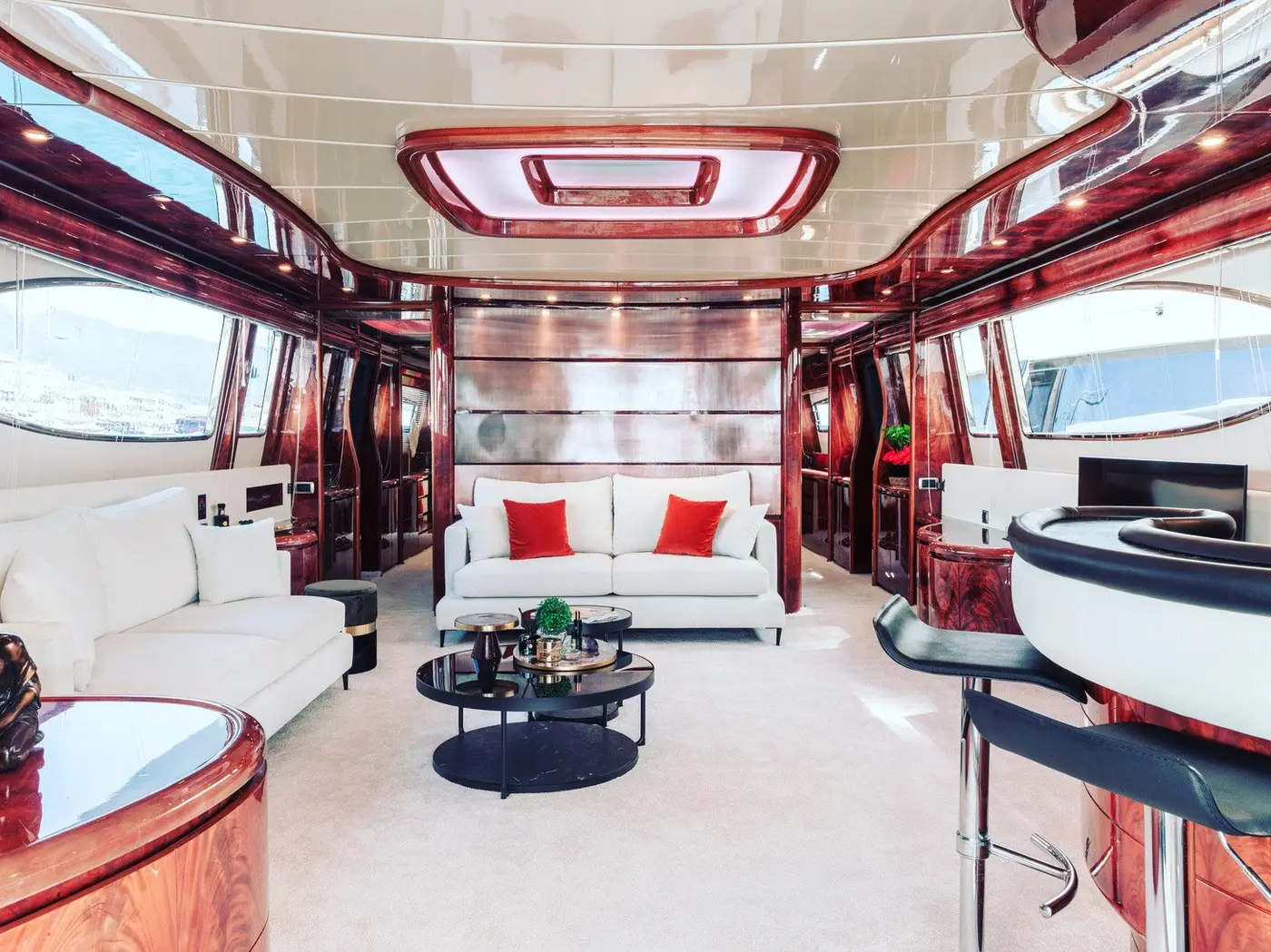 Main saloon and bar looking forward through the yacht