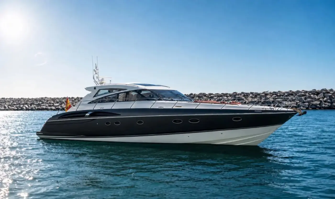 Princess V58 Candela on calm water by the harbour wall