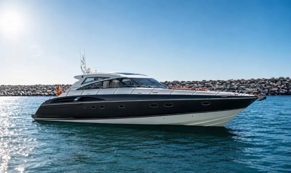 Princess V58 Candela on calm water by the harbour wall